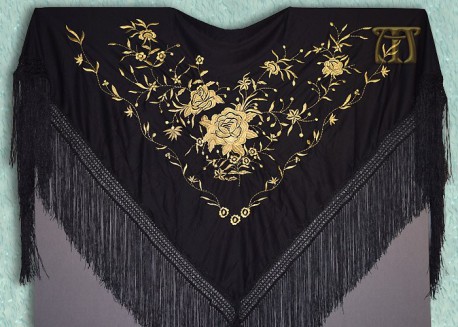 Mantón tres picos grande, NEGRO/ORO
